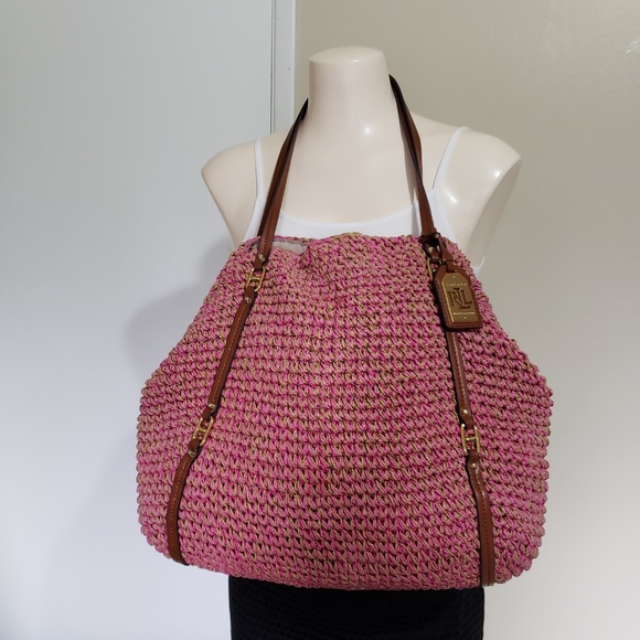 ***FREE HAT****POLO Ralph Lauren Large Pink/Tan Raffia bag Tote - Picture 2 of 14